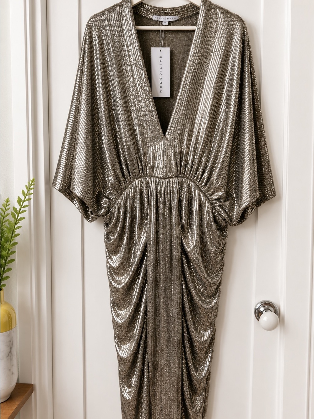 Baltic Born Metallic Silver Ruched Midi Dress NWT Size M